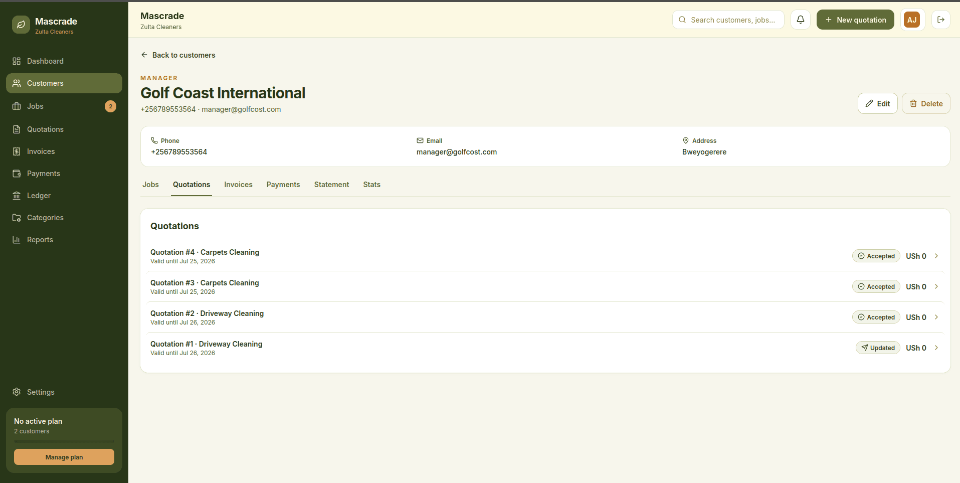 A Mascrade customer profile showing quotations, invoices, and payment history