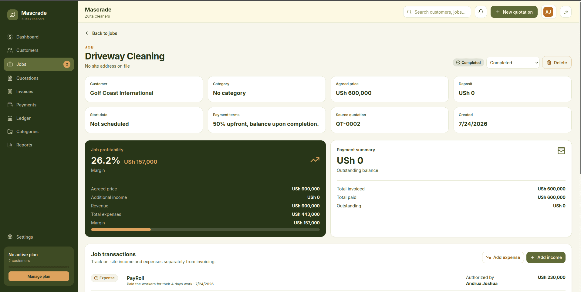 A Mascrade job detail page showing profitability margin and payment summary for a driveway cleaning job